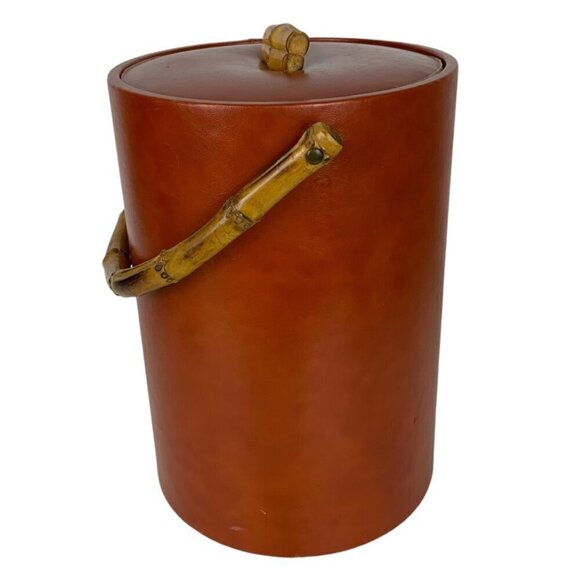 Vintage Vinyl Tropical Wood Handle Ice Bucket With Lid Barware Tiki Man Cave - Picture 5 of 9
